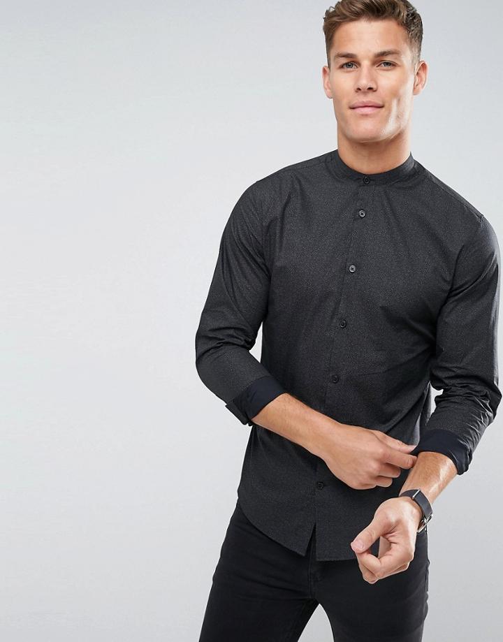 Selected Homme Slim Grandad Shirt In Print - Black