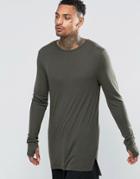 Asos Fine Rib Super Longline Muscle Long Sleeve T-shirt With Thumbholes In Khaki - Khaki