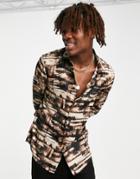 Asos Design Satin Shirt In Brown Abstract Print