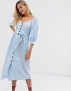 Moon River Puff Sleeve Button Through Midi Dress-blue