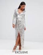 Club L Straight Sequins Wrap Over Maxi Dress - Silver