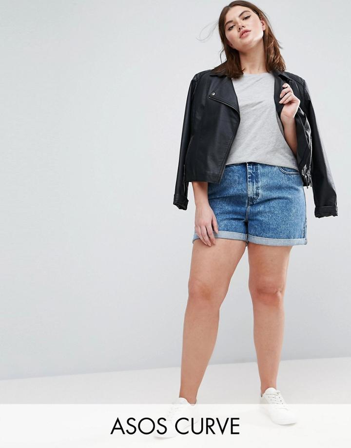 Asos Curve Denim Mom Shorts In Luella Blue Wash - Blue