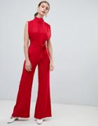 Unique 21 High Neck Jumpsuit With Belt - Red