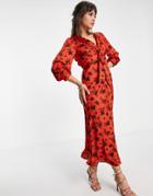 Asos Design Satin Tie Front Midi Dress With Button Detail In Red Floral Print
