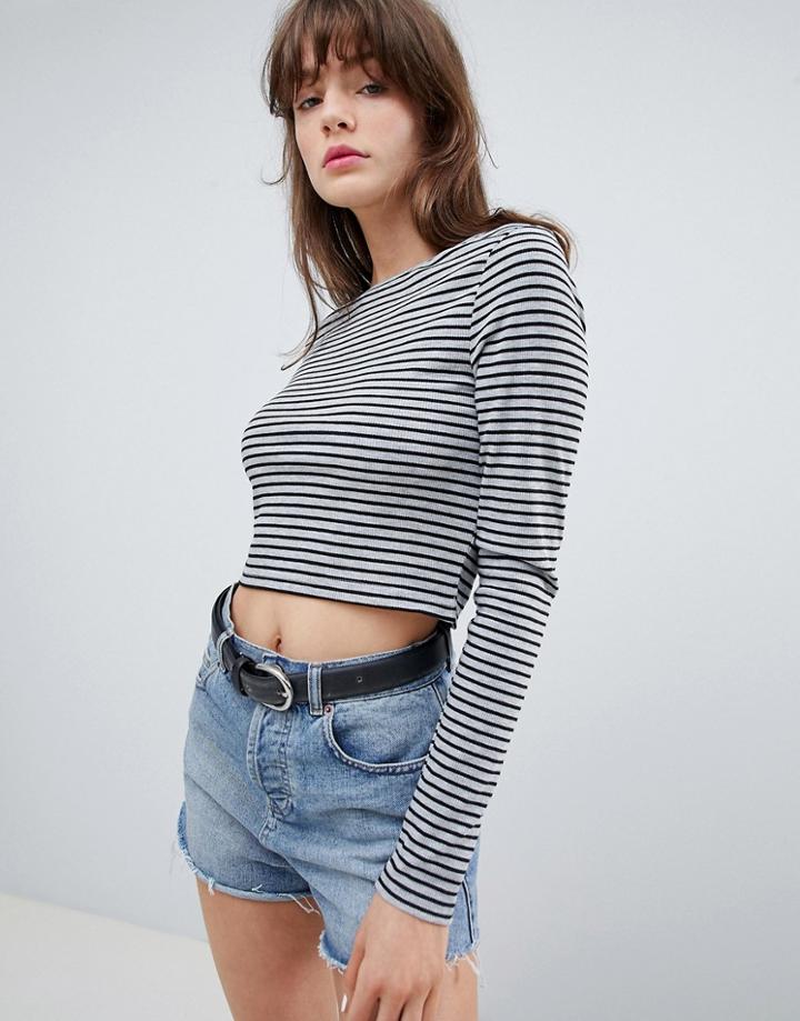 Native Youth Slash Neck Long Sleeve Stripe Top - Black