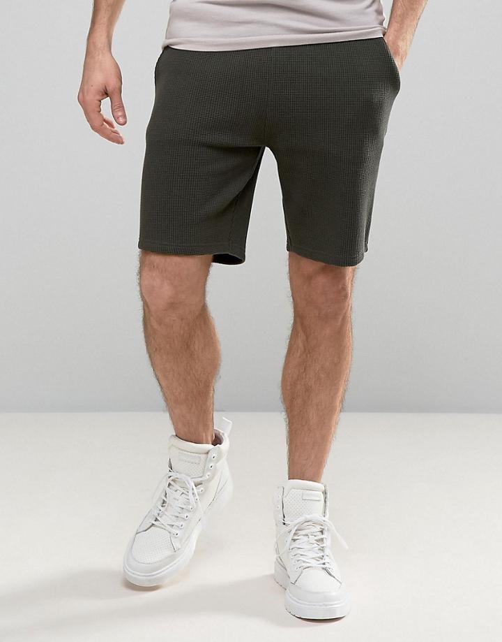 Asos Jersey Shorts In Khaki Waffle - Green