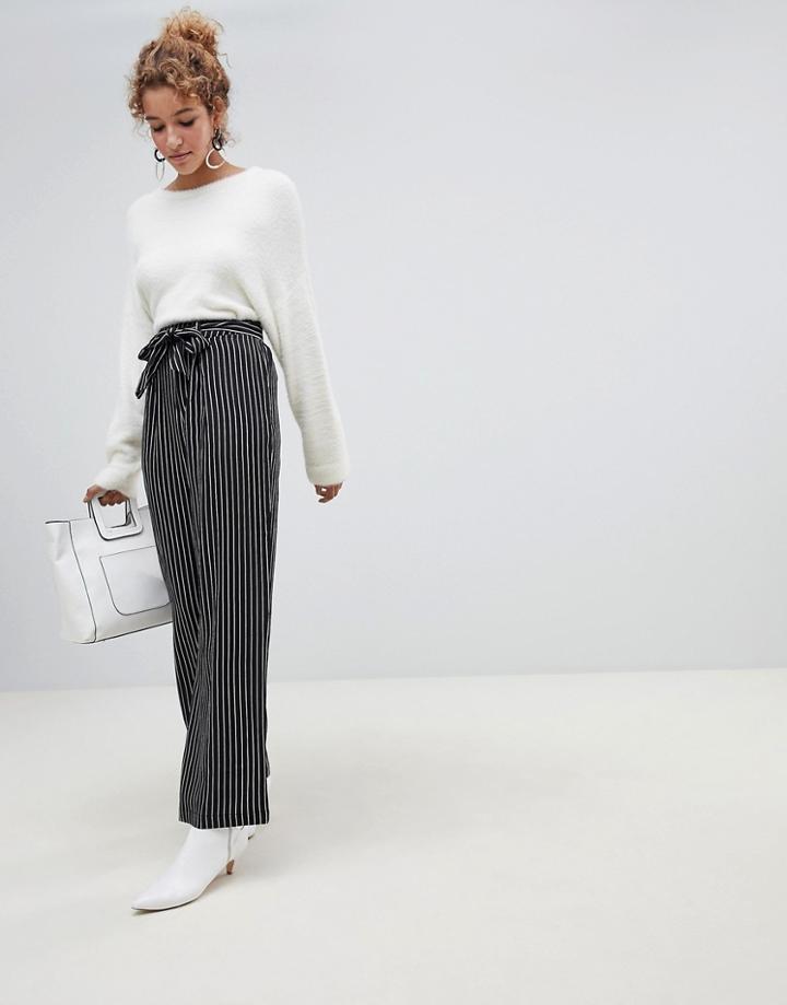 Qed London Wide Leg Stripe Pants With Sash Belt - Black
