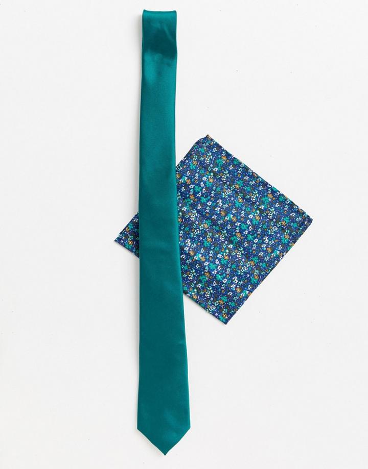 Asos Design Slim Tie In Green With Floral Pocket Square - Green
