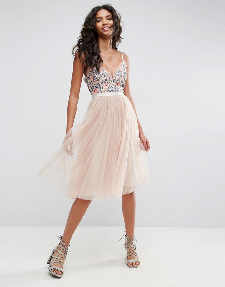 Needle & Thread Whisper Embroidered Tulle Midi Dress - Pink