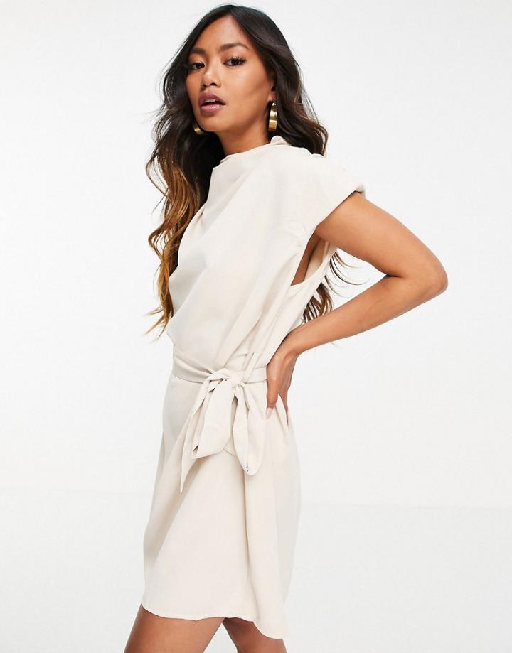 Pretty Lavish High Neck Tie Belt Satin Mini Dress In Oyster-white