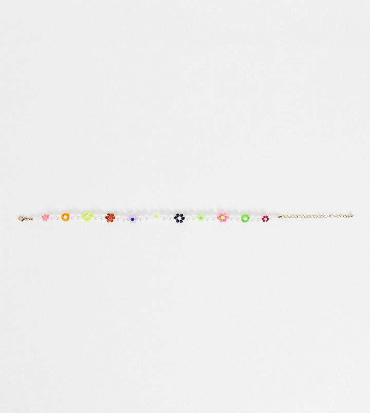 Reclaimed Vintage Inspired Choker Necklace With 90's Flower Beads In Faux Pearl-multi