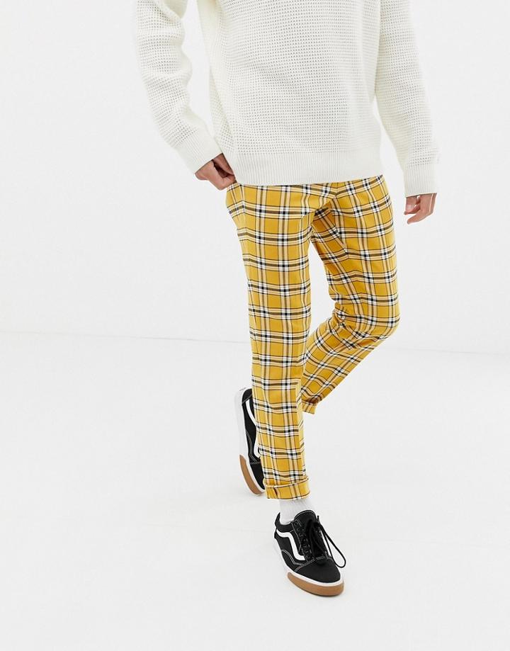 Asos Design Skinny Smart Pants In Bright Yellow Check With Drawcord Waist - Yellow