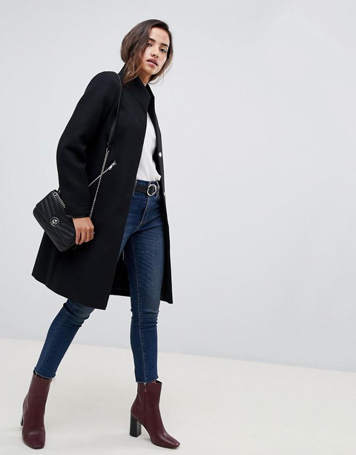 Asos Design Smart Funnel Neck Coat With Contrast Trim-black