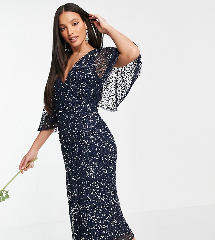 Maya Tall Bridesmaid Delicate Sequin Wrap Midi Pencil Dress In Navy