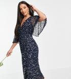 Maya Tall Bridesmaid Delicate Sequin Wrap Midi Pencil Dress In Navy