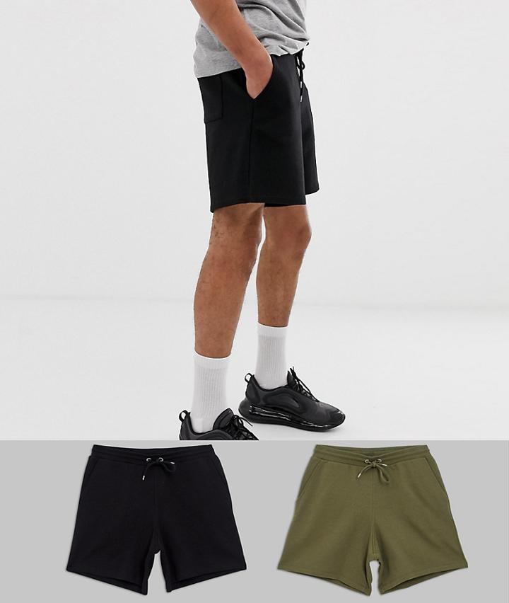Asos Design Tall Jersey Shorts 2 Pack In Shorter Length Black/khaki - Multi