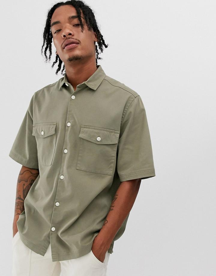 Asos Design Regular Fit Utility Shirt In Khaki - Green