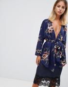 Prettylittlething Tie Waist Blouse In Floral - Navy