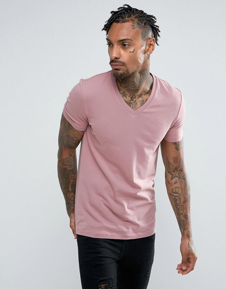 Asos Muscle Fit T-shirt With V Neck In Pink - Pink