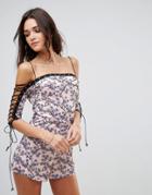 Love & Other Things Bardot Romper With Lace Up Arm Detail-blues