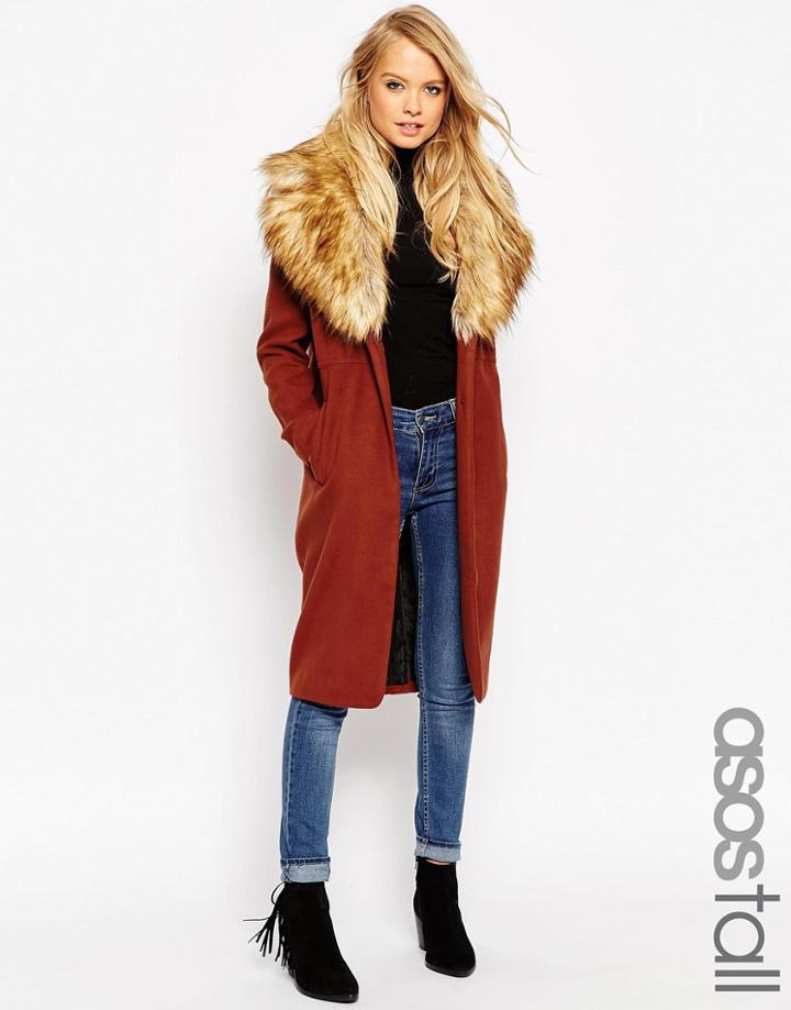 Asos Tall Coat With Oversized Faux Fur Collar - Chesnut