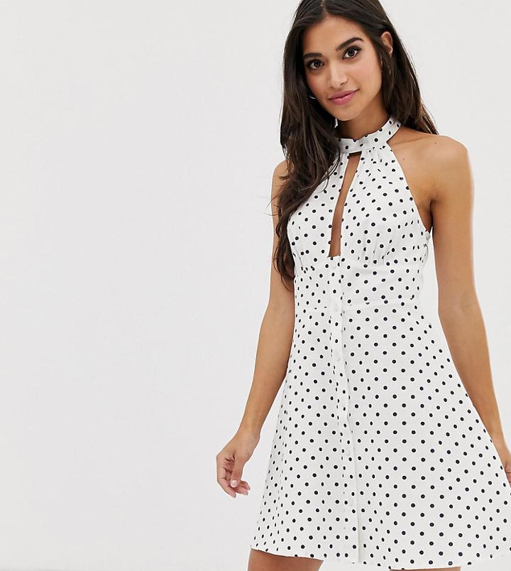 Asos Design Petite Halter Neck Button Through Mini Sundress In Spot-multi