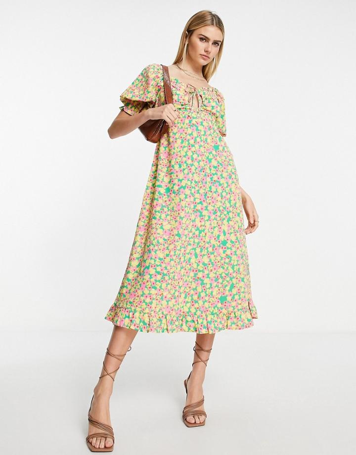 Neon Rose Milkmaid Midi Tea Dress With Tie Bust In Bright Ditsy Floral-multi
