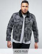Asos Plus Denim Jacket With Bleach Effect And Fleece Collar In Gray - Black