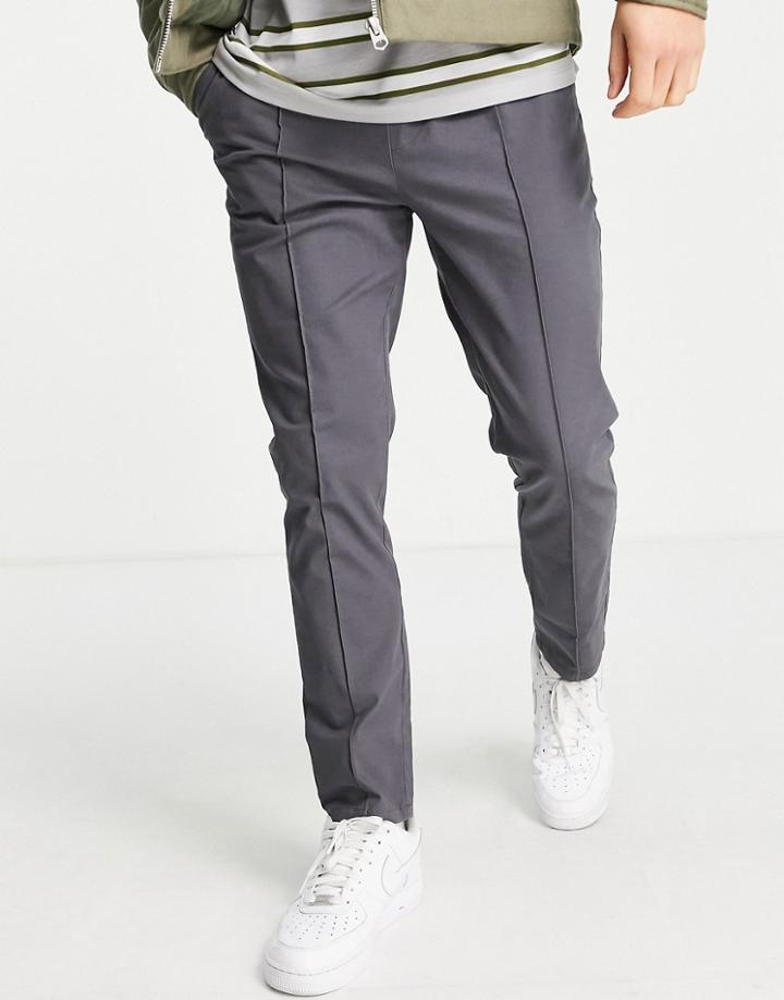 Asos Design Skinny Chinos With Elasticated Waist And Pin Tuck In Charcoal-gray