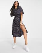 Ax Paris Midi Tea Dress With Flutter Sleeves In Navy Floral
