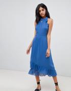 Warehouse Frill Detail Halter Maxi Dress - Blue