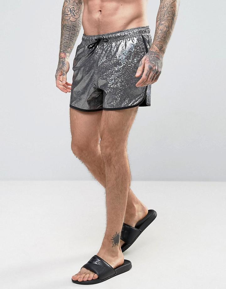 Asos Runner Swim Shorts In Silver Metallic In Short Length - Silver