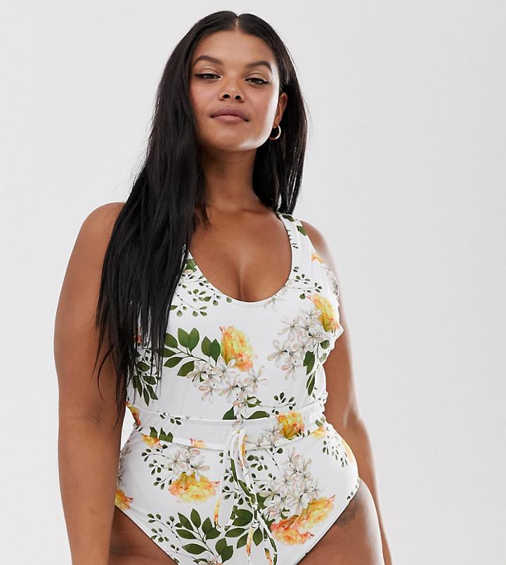 Peek & Beau Curve Exclusive Eco Scoop Swimsuit With Drawstring Channel Waist In Floral-multi