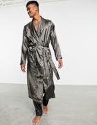Asos Design Set Satin Dressing Gown In Black-grey