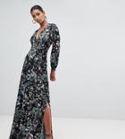 Missguided Plunge Tie Waist Maxi Dress With Side Split In Dark Floral - Multi