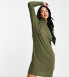 Noisy May Tall Mini Sweater Dress With Turtle Neck In Khaki-green