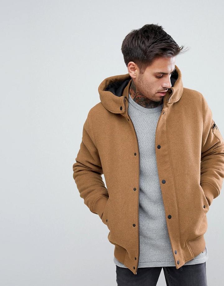Bershka Wool Bomber With Hood In Camel - Tan