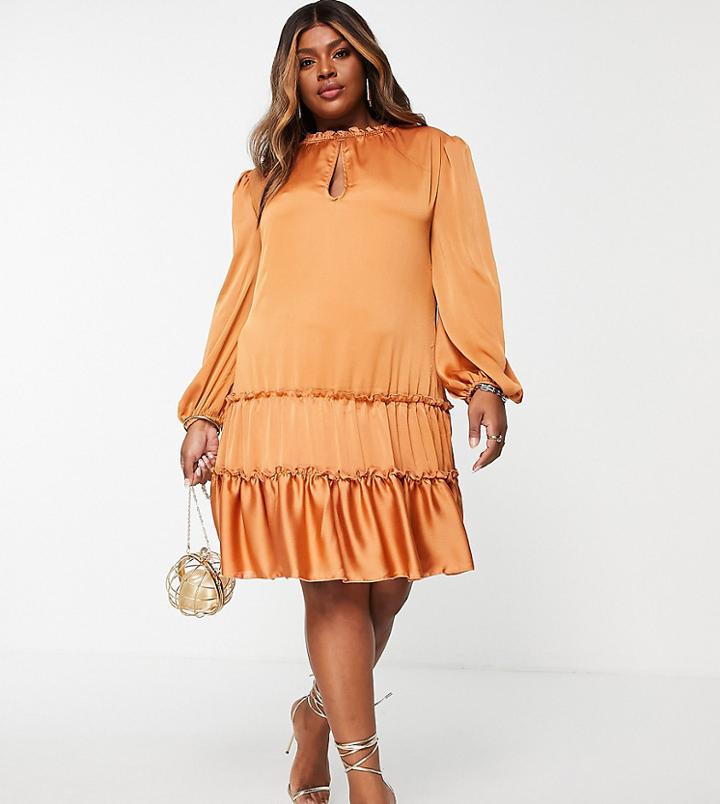 Little Mistress Plus Layered Mini Dress In Camel-brown