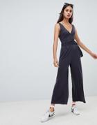 Bershka V Neck Jumpsuit With Belt - Green