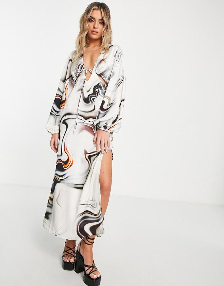Topshop Satin Cut-out Midi Dress In Abstract Marble Print-multi