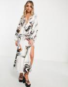 Topshop Satin Cut-out Midi Dress In Abstract Marble Print-multi