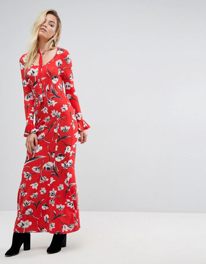 Asos Maxi Tea Dress With Neck Tie In Red Floral - Multi