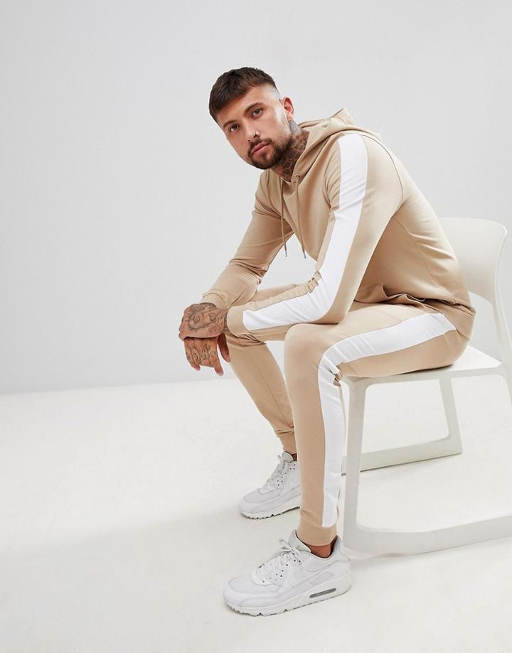 Asos Design Tracksuit Muscle Hoodie/super Skinny Joggers With Side Stripes - Beige