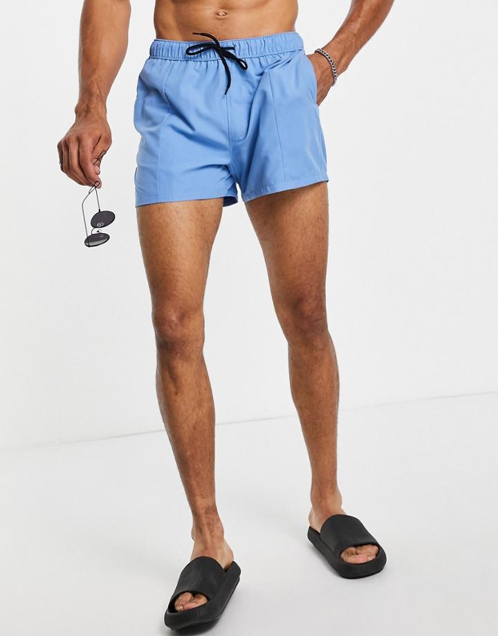 Asos Design Swim Shorts With Pin Tuck In Light Blue Short Length-blues