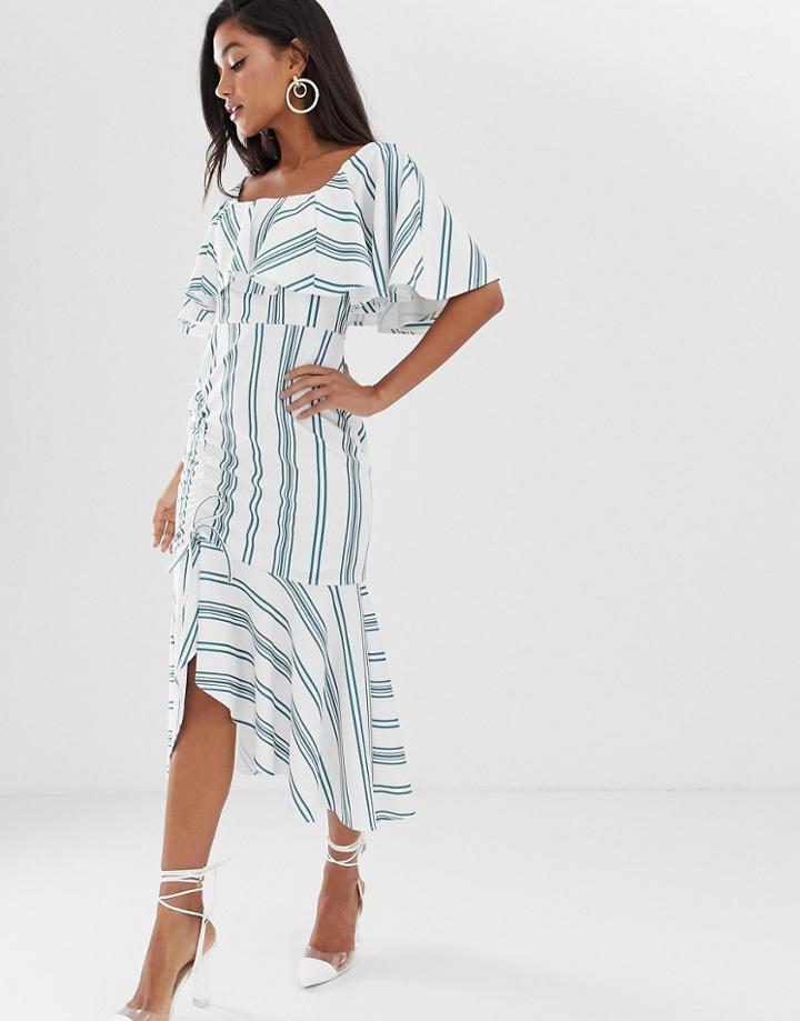 Asos Design Square Neck Striped Midi Dress With Ruched Skirt And Pep Hem-multi