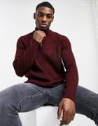 Asos Design Knitted Rib Raglan Half Zip Sweater In Burgundy-red