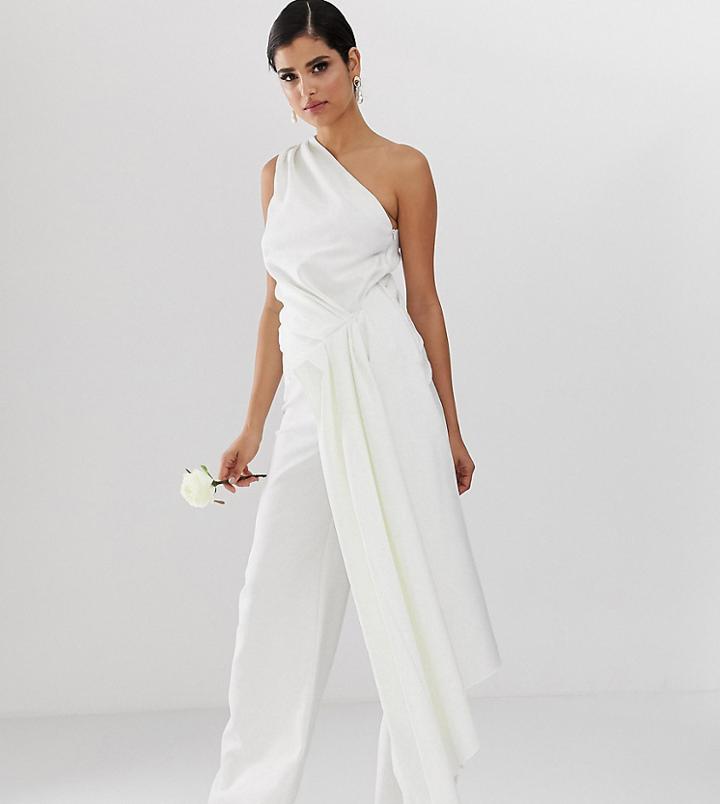 Asos Edition Tall One Shoulder Drape Side Wedding Jumpsuit-white