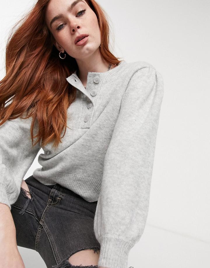 Asos Design Sweater With Button Placket In Gray-grey