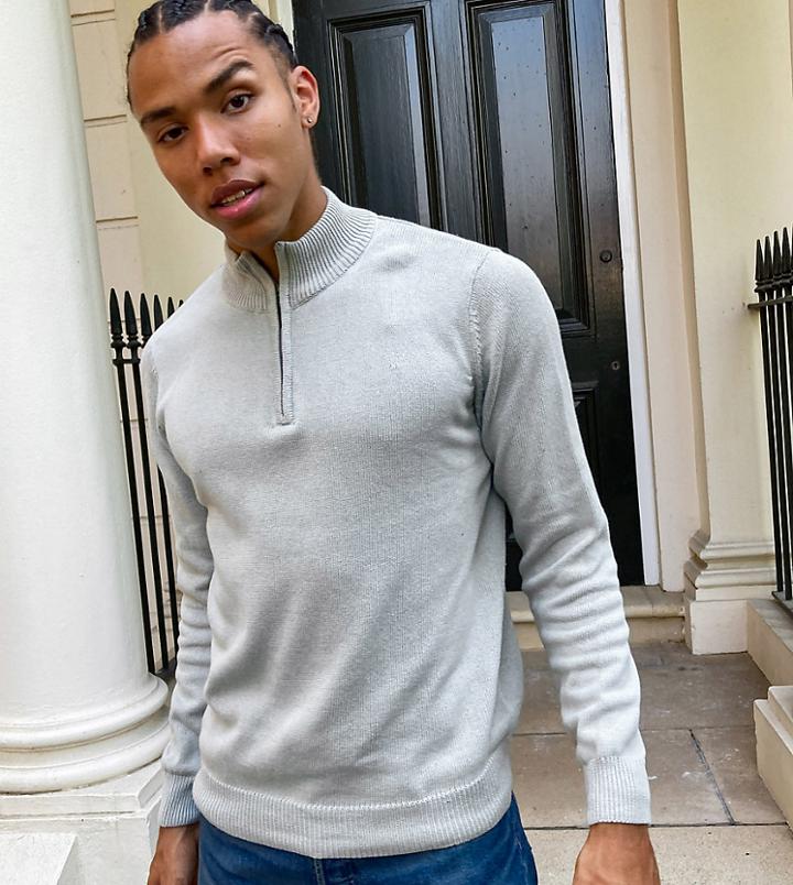 Brave Soul Tall 100% Cotton Half Zip Funnel Neck Knit-gray