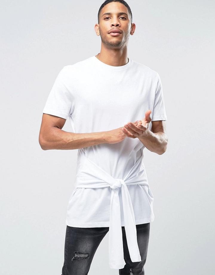 Asos Super Longline T-shirt With Tie Waist Mock Sleeves - White